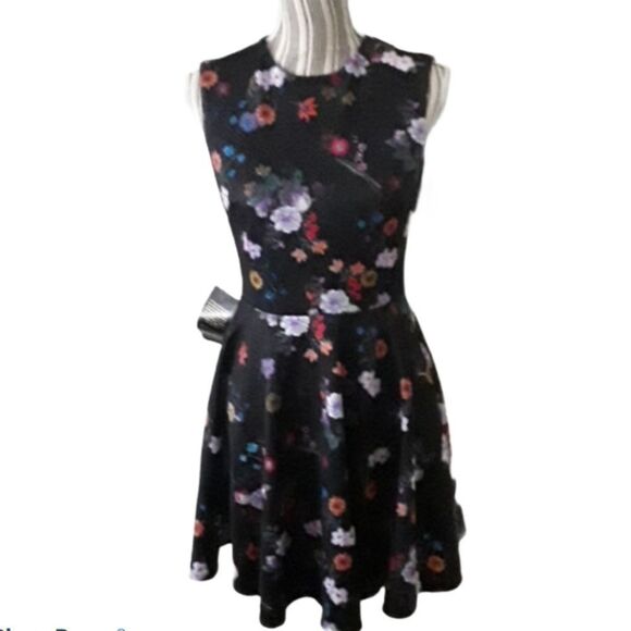 Bebe Black Floral Fit & Flare Dress - Picture 1 of 12